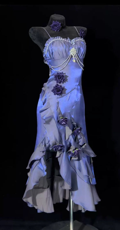 Enticing Sheath Spaghetti Strap Ruffled Evening Dress Handmade Flowers Beading Crystal Prom Dress AP4860