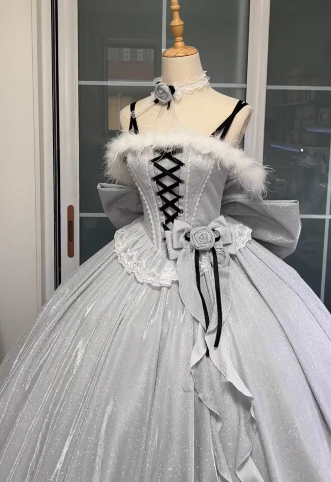 Shiny A-Line Spaghetti Strap Feather Trim Sweet 16th Evening Dresses Handmade Flowers Lace Bow Prom Dress AP4861