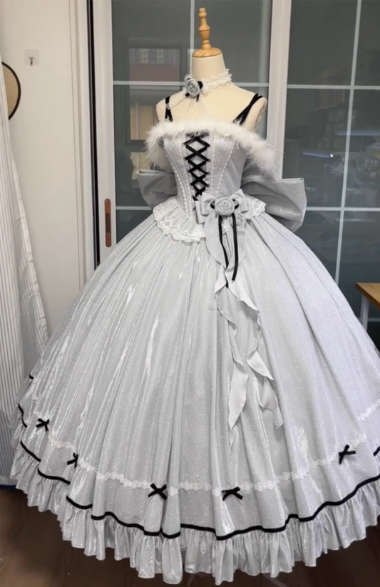 Shiny A-Line Spaghetti Strap Feather Trim Sweet 16th Evening Dresses Handmade Flowers Lace Bow Prom Dress AP4861