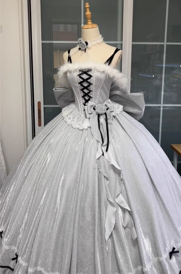 Shiny A-Line Spaghetti Strap Feather Trim Sweet 16th Evening Dresses Handmade Flowers Lace Bow Prom Dress AP4861