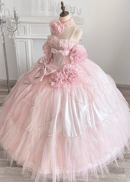 Avant-Garde A-Line Off-Shoulder Handmade Flowers Sweet 16th Gowns Sequins Bows Pink Tulle Prom Dress AP4862