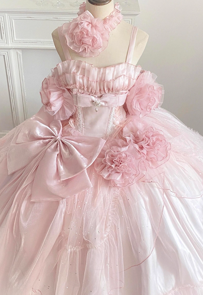 Avant-Garde A-Line Off-Shoulder Handmade Flowers Sweet 16th Gowns Sequins Bows Pink Tulle Prom Dress AP4862
