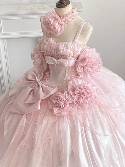 Avant-Garde A-Line Off-Shoulder Handmade Flowers Sweet 16th Gowns Sequins Bows Pink Tulle Prom Dress AP4862