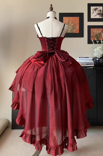 Fresh A-Line Spaghetti Strap Red Birthday Gowns Bows Lace Beading Handmade Flowers Crystal Homecoming Dress AP4864