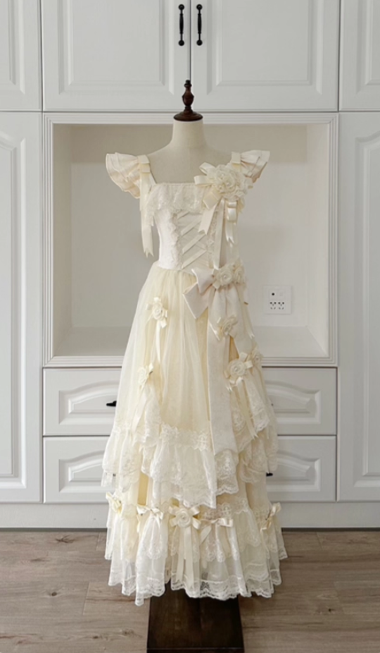 Dainty Spaghetti Strap A-Line Sweet 16th Evening Dresses Handmade Flowers Lace Bow Beads Prom Dress AP4868