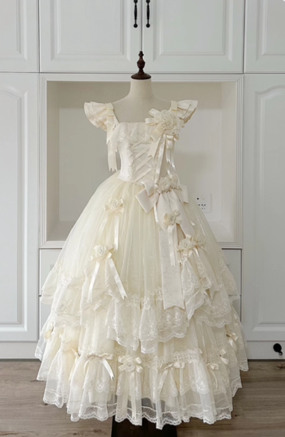 Dainty Spaghetti Strap A-Line Sweet 16th Evening Dresses Handmade Flowers Lace Bow Beads Prom Dress AP4868