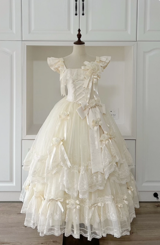Dainty Spaghetti Strap A-Line Sweet 16th Evening Dresses Handmade Flowers Lace Bow Beads Prom Dress AP4868