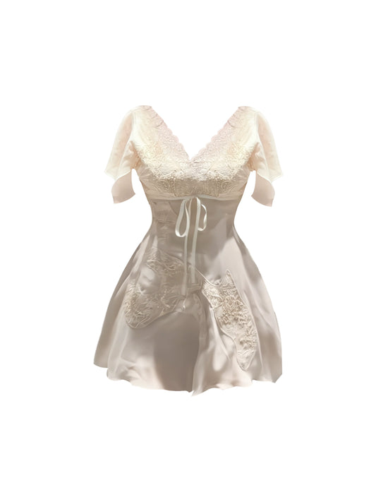 Ornate V Neck Pale Beige Cinched-Waist Mini Skirt Chic A-Line Sheer Sleeves Lace Details Short Dress AP4870