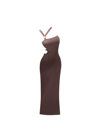 Fabulous Deep Brown Side Cutout Halter Neck Maxi Dress Novelty Backless Sheath Slit Long Dress AP4871