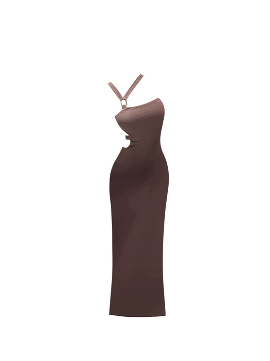 Fabulous Deep Brown Side Cutout Halter Neck Maxi Dress Novelty Backless Sheath Slit Long Dress AP4871