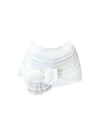 Chic Ruffled Top Button Front Sheath Mini Skirt  White 2-Piece Corset Set Off-Shoulder Bow-Accented Short Dress AP4872