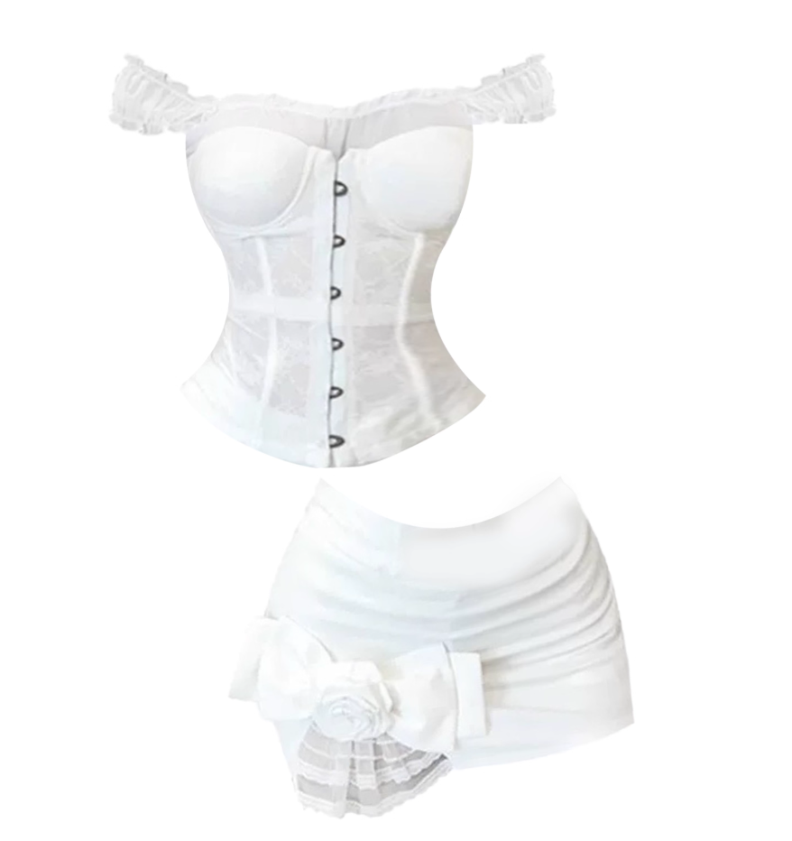 Chic Ruffled Top Button Front Sheath Mini Skirt  White 2-Piece Corset Set Off-Shoulder Bow-Accented Short Dress AP4872