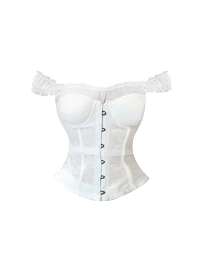Chic Ruffled Top Button Front Sheath Mini Skirt  White 2-Piece Corset Set Off-Shoulder Bow-Accented Short Dress AP4872