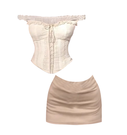 Luxurious Ruffled Corset Top Sheath Mini Skirt Stylish Cream-Beige 2-Piece Set Off-Shoulder Short Dress AP4873