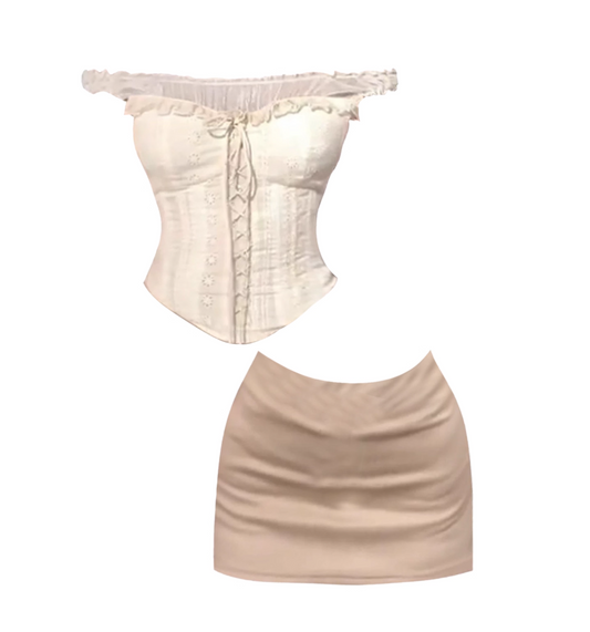 Luxurious Ruffled Corset Top Sheath Mini Skirt Stylish Cream-Beige 2-Piece Set Off-Shoulder Short Dress AP4873