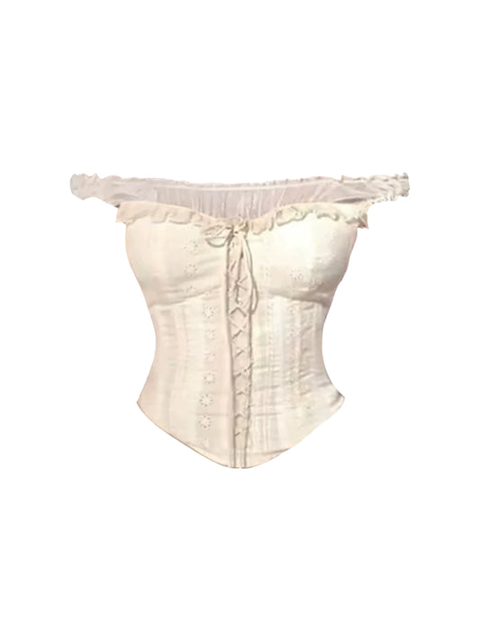 Luxurious Ruffled Corset Top Sheath Mini Skirt Stylish Cream-Beige 2-Piece Set Off-Shoulder Short Dress AP4873