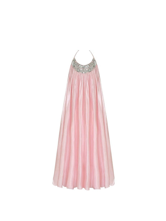 Graceful Beaded Halter Neck Maxi Dress Stylish Pastel Pink A-Line Flowy Long Dress AP4875