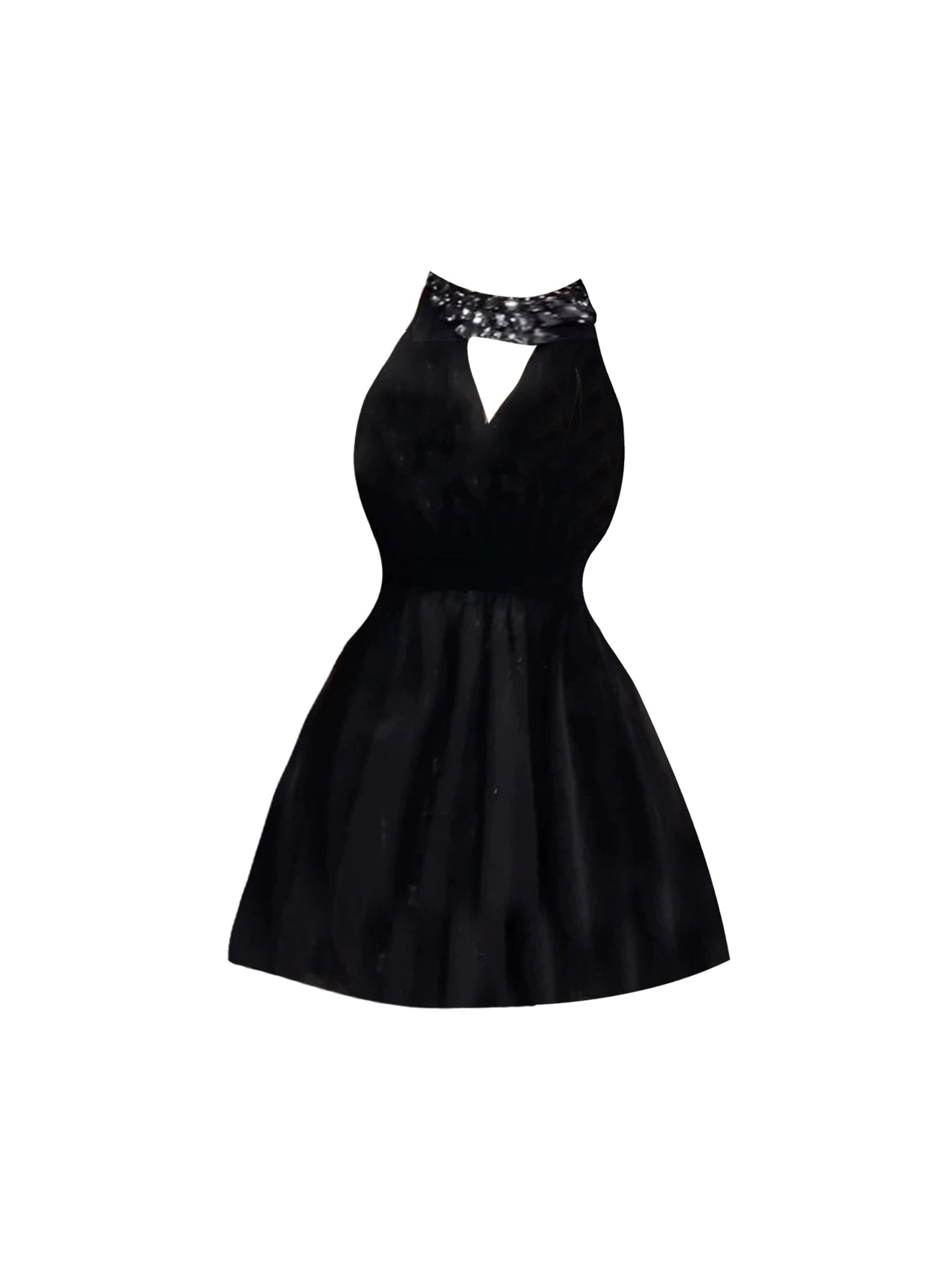 Elegant Beaded Halter Neck Black Flared Mini Skirt Chic Fitted Waist Deep V Cutout A-Line Short Dress AP4876