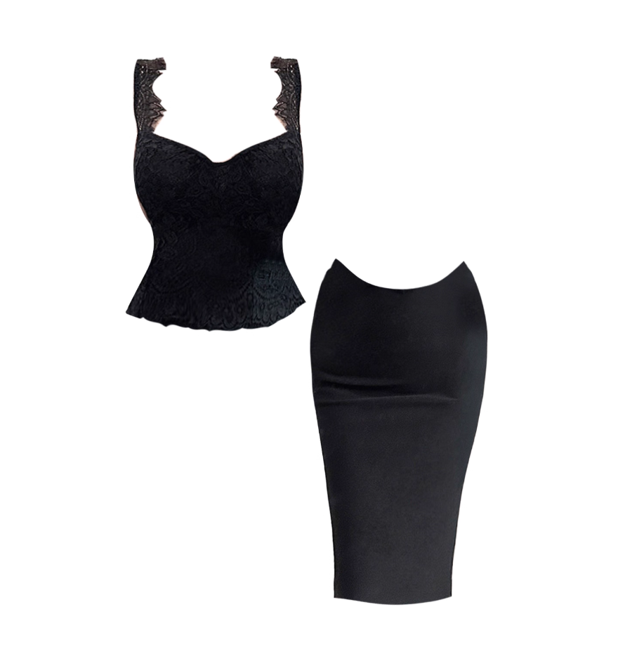 Classical Spaghetti Straps Fitted Pencil Midi Dress Alluring Black 2-Piece Set Lace Sheath Long Dress AP4877