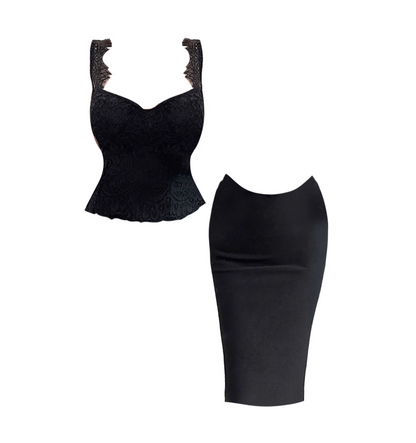 Classical Spaghetti Straps Fitted Pencil Midi Dress Alluring Black 2-Piece Set Lace Sheath Long Dress AP4877