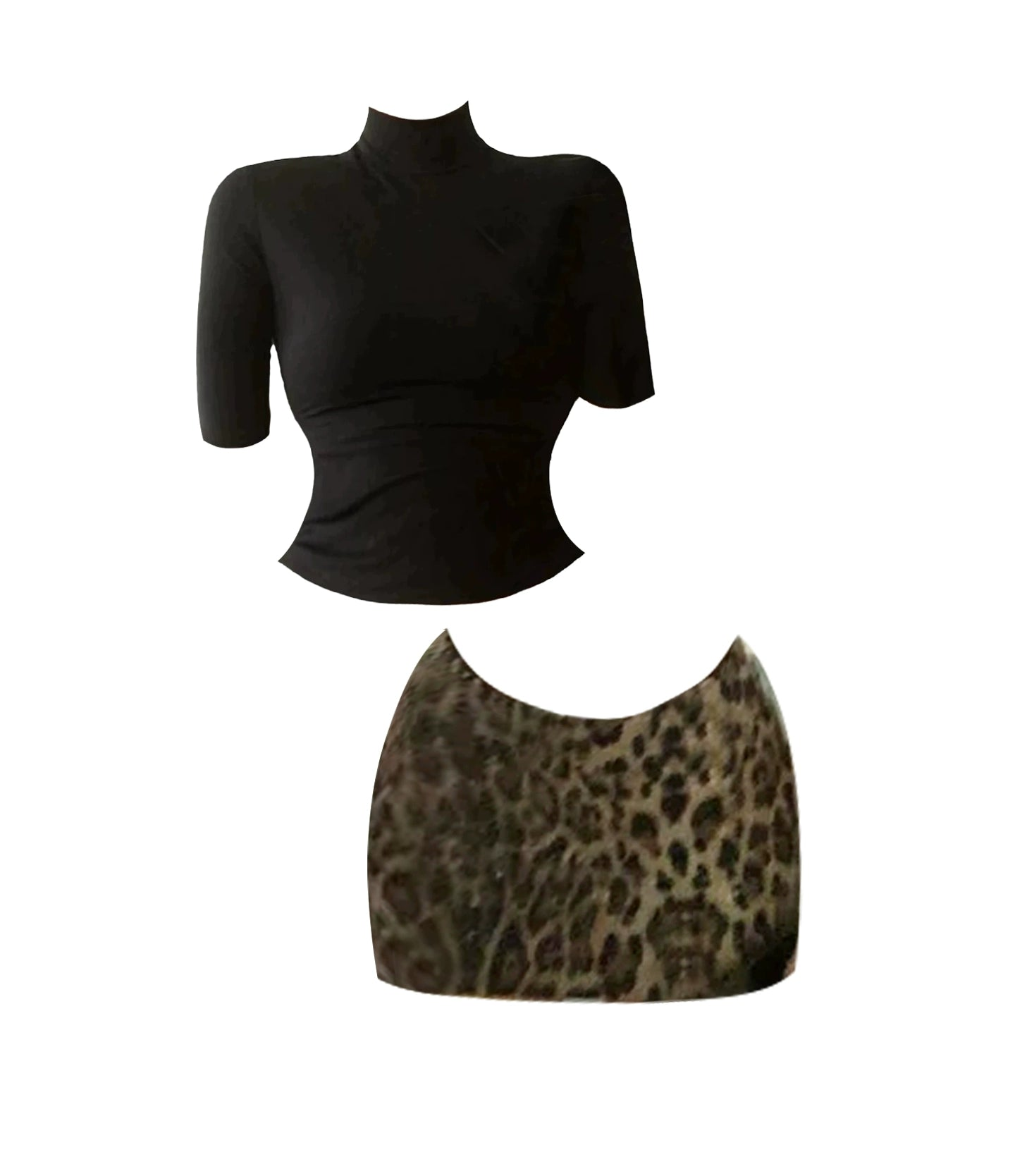 Fantastic High Collar 3/4 Sleeve Fitted Top Bodycon Mini Skirt Chic Black & Leopard 2-Piece Set Short Dress AP4878
