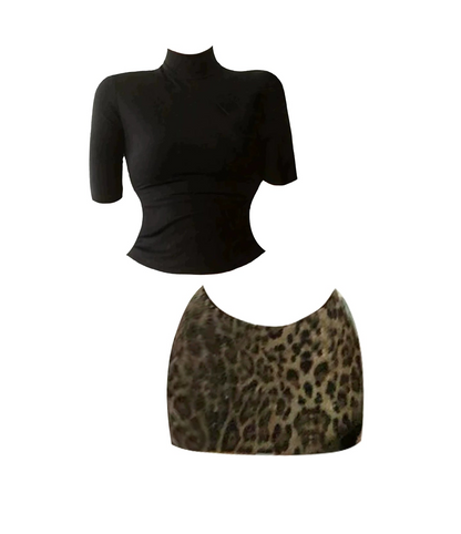 Fantastic High Collar 3/4 Sleeve Fitted Top Bodycon Mini Skirt Chic Black & Leopard 2-Piece Set Short Dress AP4878
