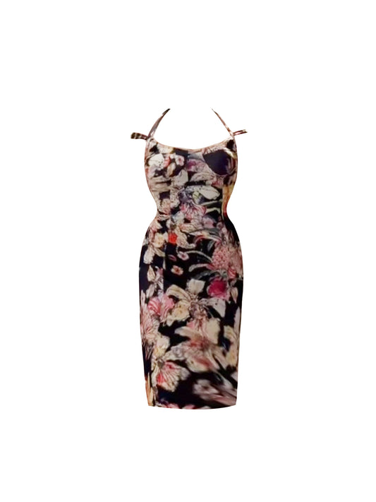 Sweet Date Nights Halter Neck Pencil Midi Dress Stylish Black Floral Sheath Long Dress AP4879