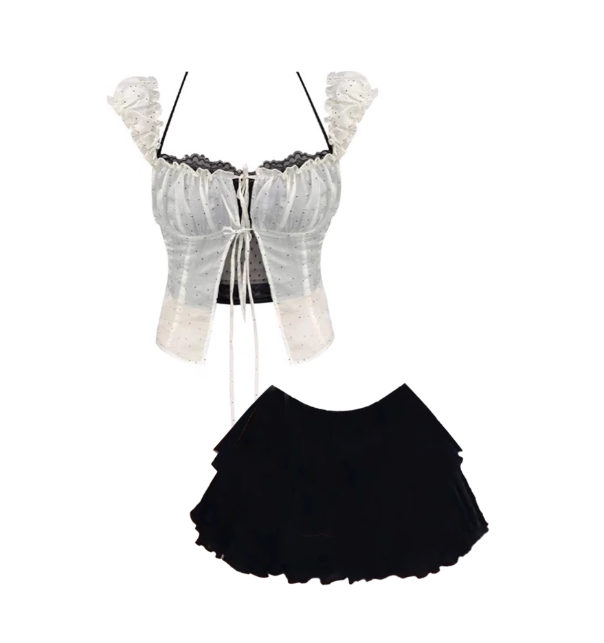 Cute Polka Dot Tie-Front Corset Sheath Lace Trim Tiered Mini Skirt Elegant White-Black 3-Piece Set Off-Shoulder Short Dress AP4880