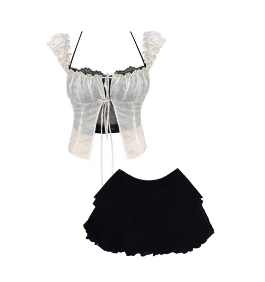 Cute Polka Dot Tie-Front Corset Sheath Lace Trim Tiered Mini Skirt Elegant White-Black 3-Piece Set Off-Shoulder Short Dress AP4880