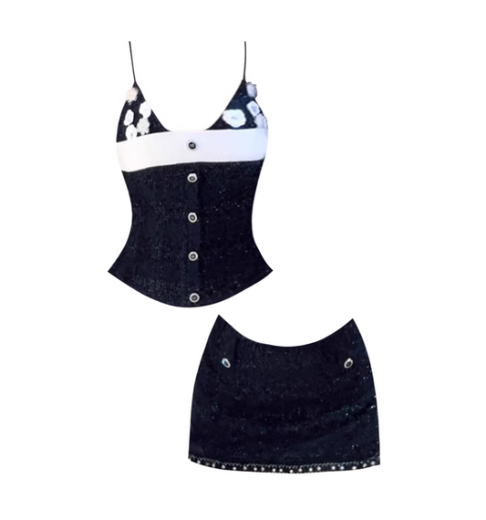 Vintage Black & White Sequin 2-Piece Set Sheath Mini Skirt Charming Floral Accents Corset Top Spaghetti Strap Date Nights Short Dress AP4881
