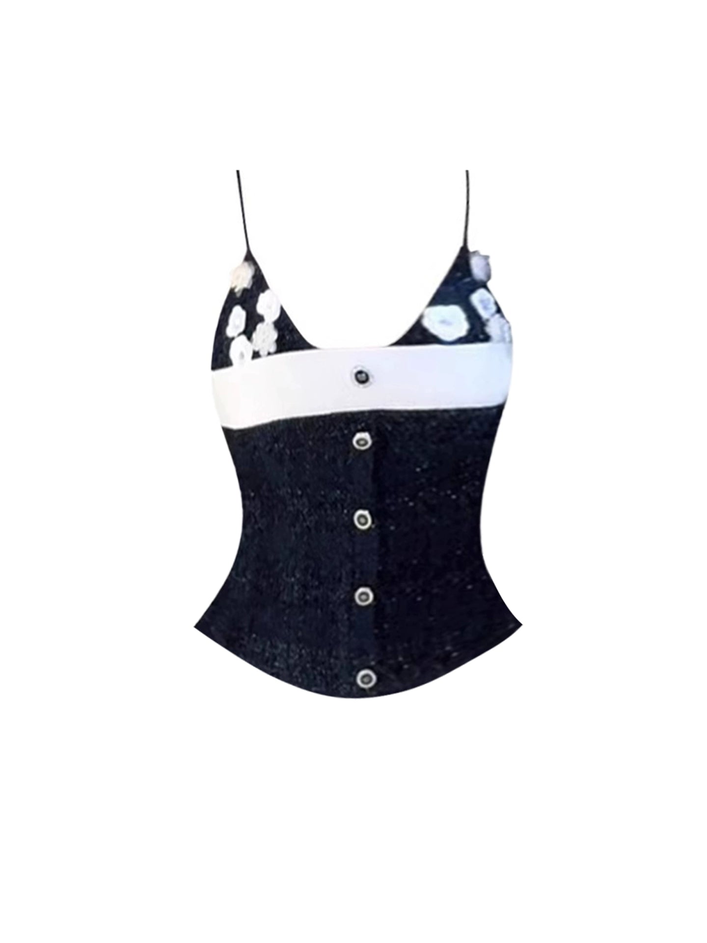Vintage Black & White Sequin 2-Piece Set Sheath Mini Skirt Charming Floral Accents Corset Top Spaghetti Strap Date Nights Short Dress AP4881