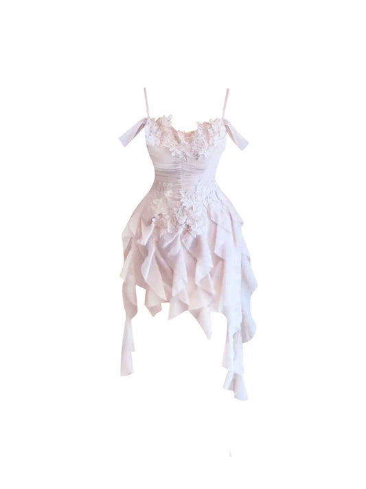 Artistic Pale Pink Spaghetti Strap Sheath Mini Skirt Elegant Date Nights 3D Floral Accents Ruched Design Short Dress AP4882