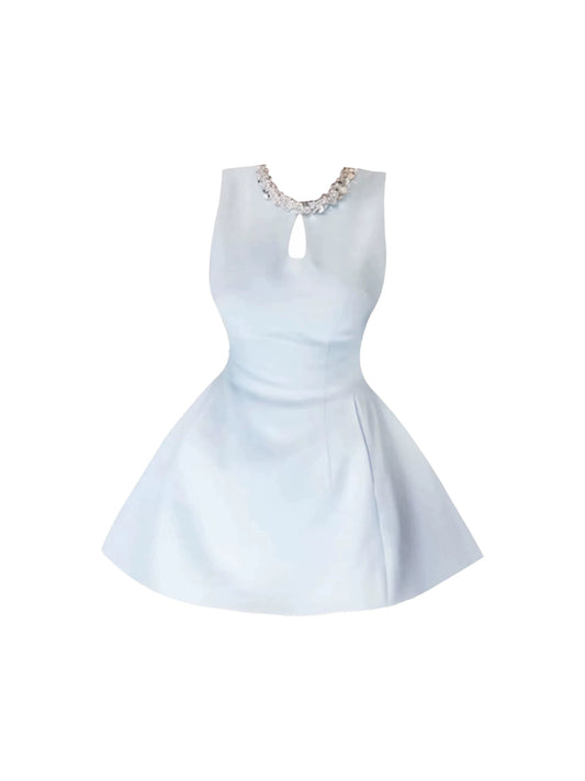 Dreamy Light Blue Sleeveless A-Line Mini Skirt  Beaded Neckline Sexy Teardrop Cutout Jewel Neck Short Dress AP4883