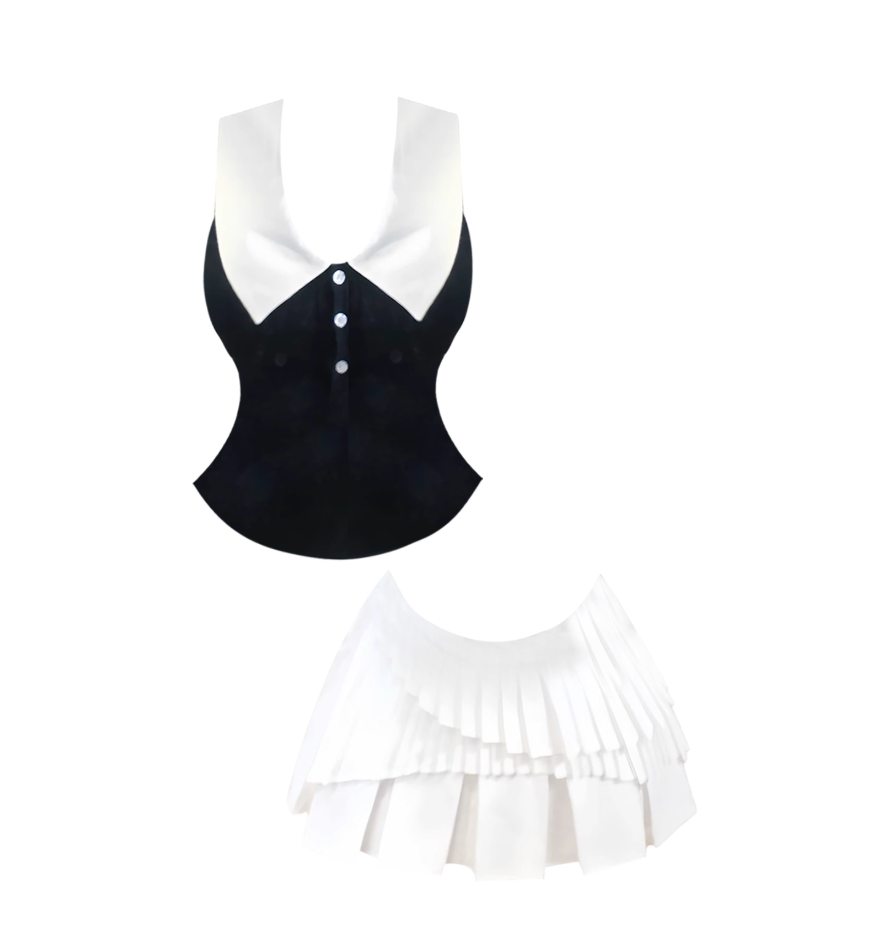 Alluring Sleeveless Collared Corset  A-Line Pleated Mini Skirt Chic Black & White 2-Piece Set Lapel Neck Short Dress AP4884