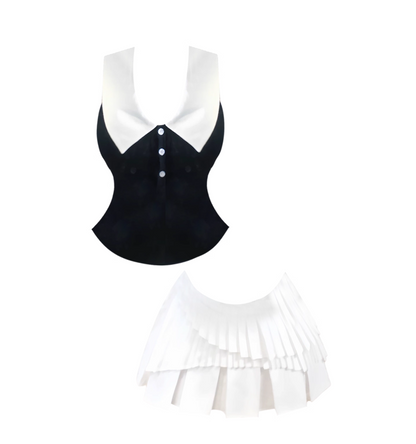Alluring Sleeveless Collared Corset  A-Line Pleated Mini Skirt Chic Black & White 2-Piece Set Lapel Neck Short Dress AP4884