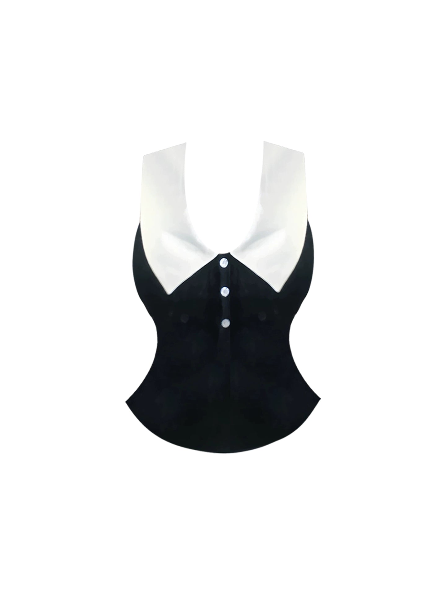 Alluring Sleeveless Collared Corset  A-Line Pleated Mini Skirt Chic Black & White 2-Piece Set Lapel Neck Short Dress AP4884