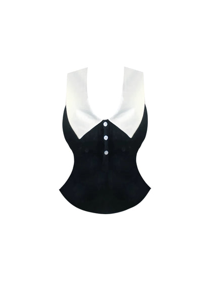 Alluring Sleeveless Collared Corset  A-Line Pleated Mini Skirt Chic Black & White 2-Piece Set Lapel Neck Short Dress AP4884