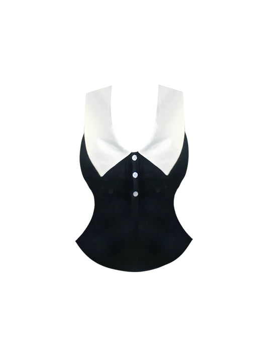 Alluring Sleeveless Collared Corset  A-Line Pleated Mini Skirt Chic Black & White 2-Piece Set Lapel Neck Short Dress AP4884