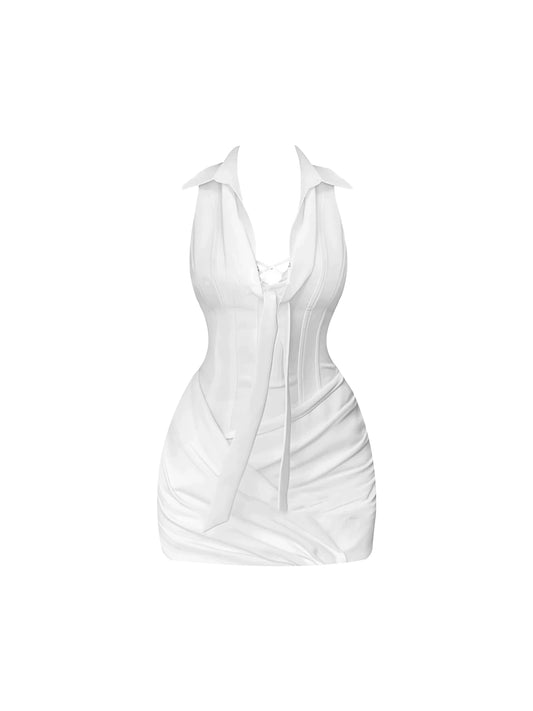 Gorgeous Tie Accent Sheath Date Nights Mini Skirt Stylish White Sleeveless Lapel Neck Short Dress AP4885