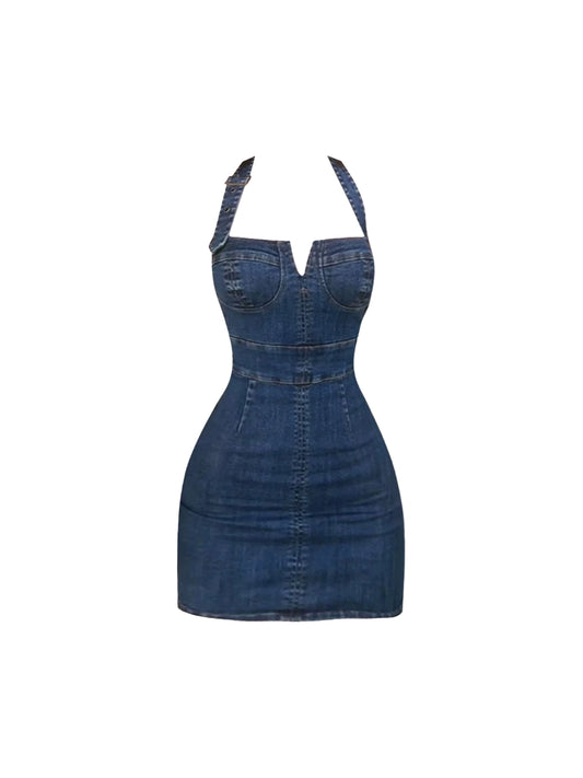 Glam Deep Blue Denim Bodycon Mini Skirt Vogue Casual Outing V Halter Short Dress AP4886