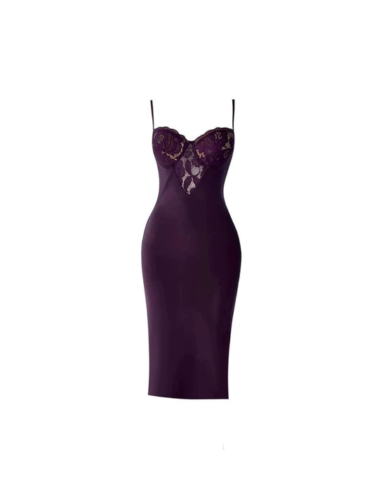 Glamorous Lace Accents Spaghetti Straps Midi Dress Alluring Deep Purple Sheath Long Dress AP4887