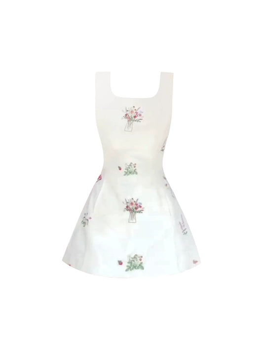 Dramatic Spaghetti Straps A-Line Vase-Floral Prints Mini Skirt Simple Light Cream Sleeveless Square Neck Short Dress AP4888