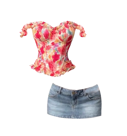 Stunning Floral 2-Piece Set Sheath Mini Skirt Vibrant Off-Shoulder Peplum Corset Top Light Wash Denim Short Dress AP4889