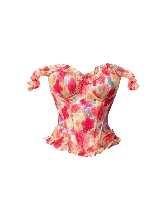Stunning Floral 2-Piece Set Sheath Mini Skirt Vibrant Off-Shoulder Peplum Corset Top Light Wash Denim Short Dress AP4889
