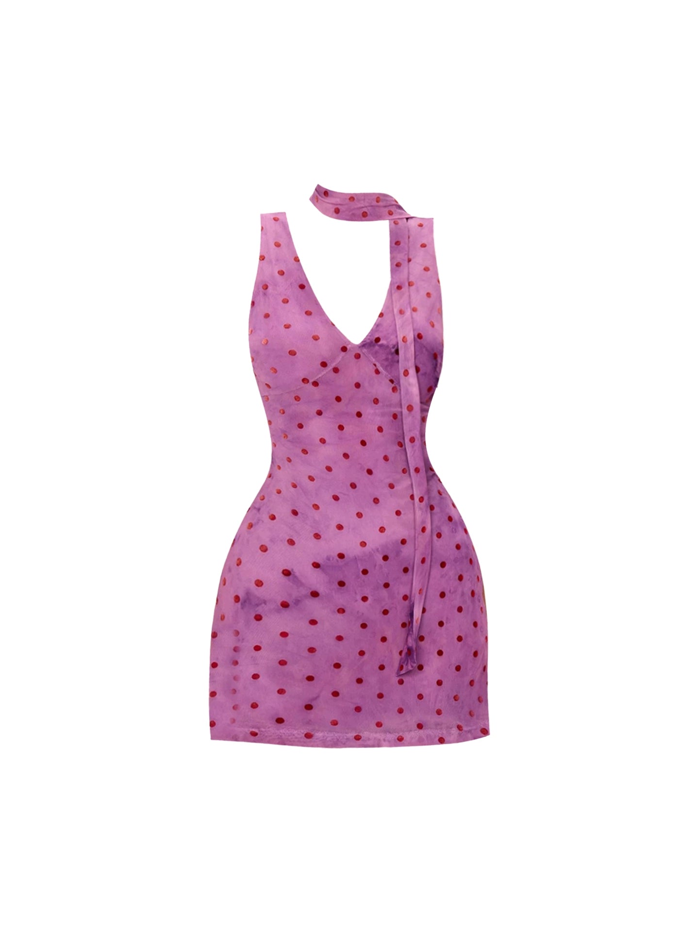 Novelty Light Purple Red-Polka-Dot Sheath Mini Skirt Y2K Style V Neck Casual Outings Short Dress AP4890