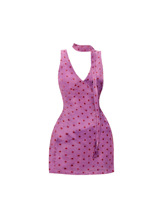Novelty Light Purple Red-Polka-Dot Sheath Mini Skirt Y2K Style V Neck Casual Outings Short Dress AP4890