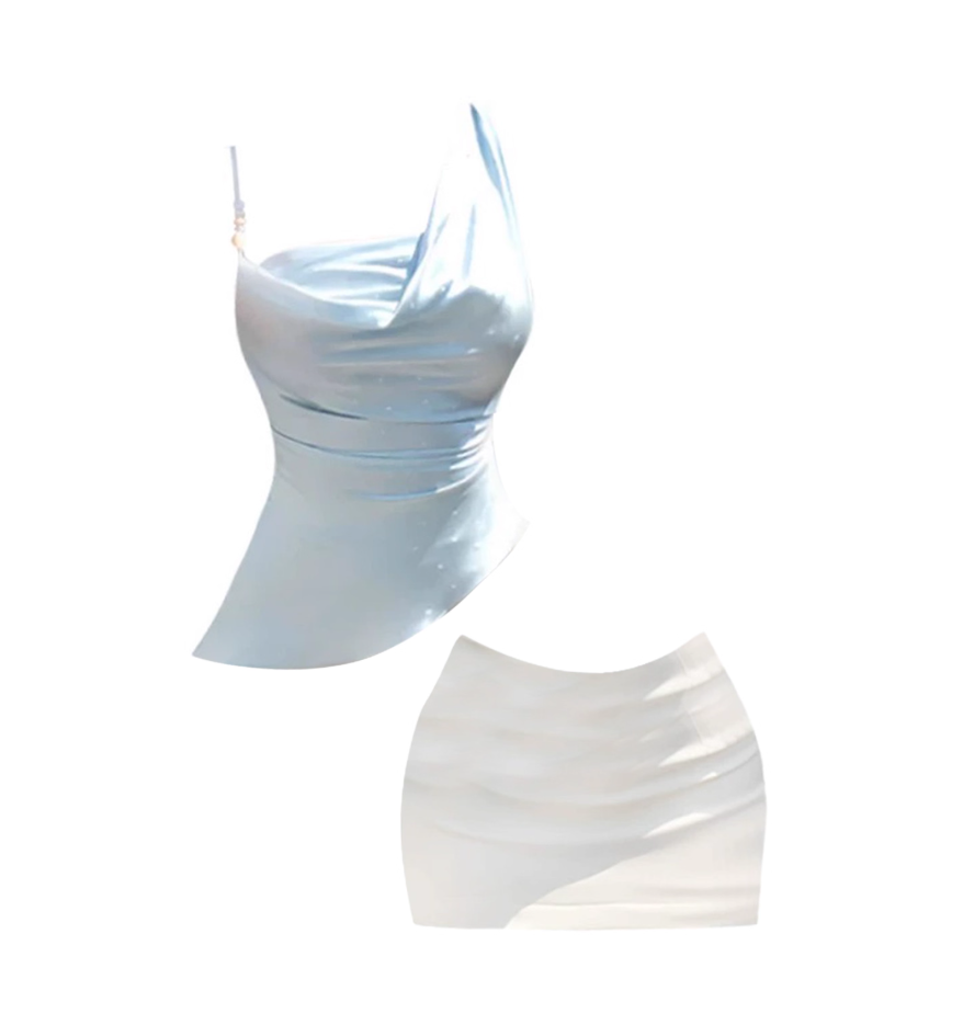 Unique Ruched Design Asymmetrical Neckline Sheath Mini Skirt Chic Light Blue & White Spaghetti Strap 2-Piece Set Short Dress AP4891
