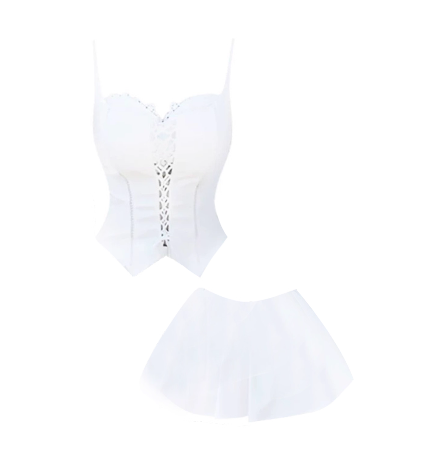 Ethereal Lace Accents Flowy Spaghetti Straps Mini Skirt Cute Casual Outing 2-Piece Set A-Line Short Dress AP4892
