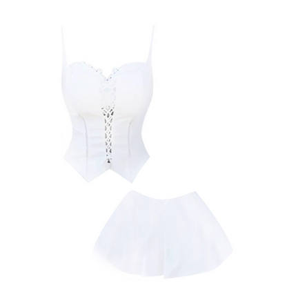 Ethereal Lace Accents Flowy Spaghetti Straps Mini Skirt Cute Casual Outing 2-Piece Set A-Line Short Dress AP4892