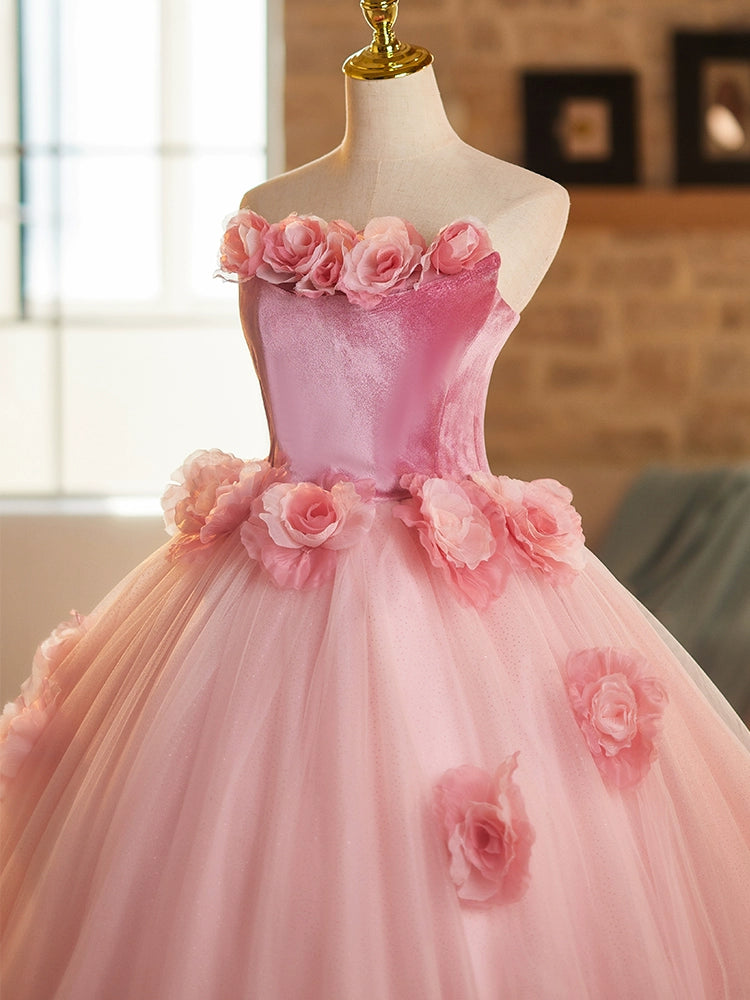 Sheen Strapless Pink Tulle A-Line Sweet 16th Evening Dresses Handmade Flowers Prom Dress AP4893